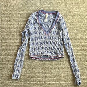 Free People Blue Fitted Ribbed Long Sleeve Blouse